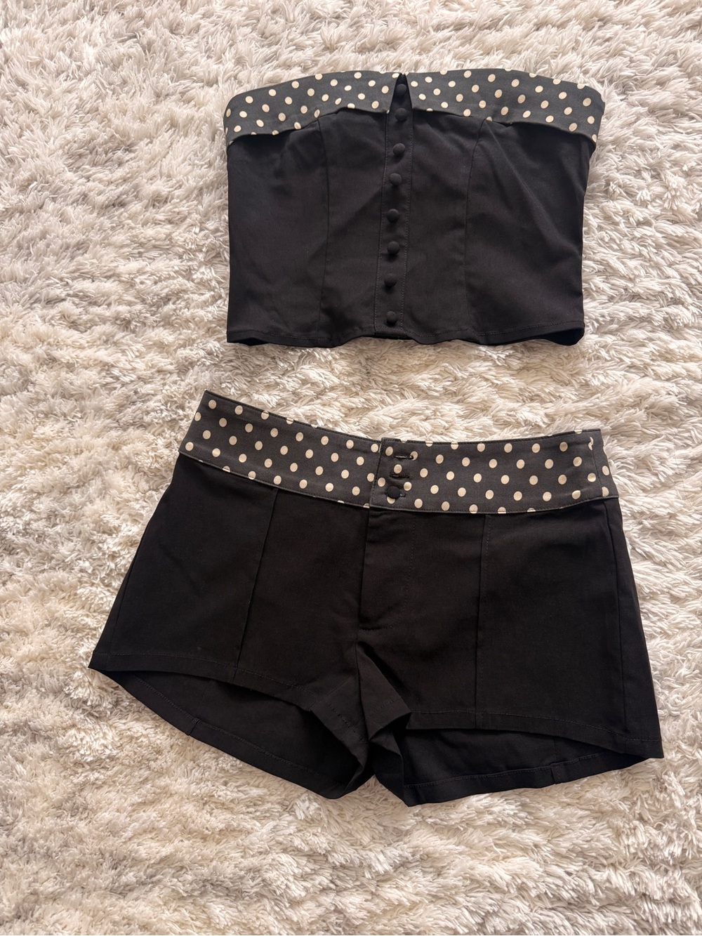Tiger Mist Black High-Waist Shorts with Cream Polka-Dot Waistband